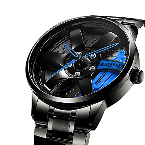 BOYADKA Car Wheel Watch, Stainless Steel Watch with Japanese Quartz Movement, Waterproof Sports Wrist Watch with Car Rim Hub Design for Men/Car Enthusiast