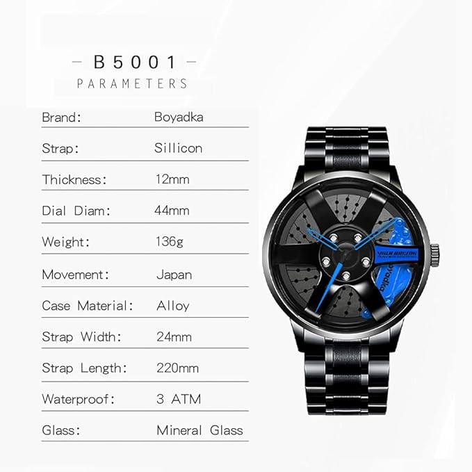 BOYADKA Car Wheel Watch, Stainless Steel Watch with Japanese Quartz Movement, Waterproof Sports Wrist Watch with Car Rim Hub Design for Men/Car Enthusiast