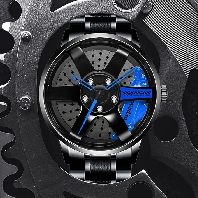 BOYADKA Car Wheel Watch, Stainless Steel Watch with Japanese Quartz Movement, Waterproof Sports Wrist Watch with Car Rim Hub Design for Men/Car Enthusiast