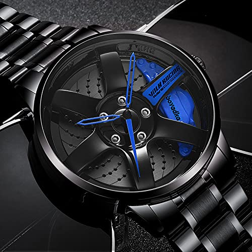 BOYADKA Car Wheel Watch, Stainless Steel Watch with Japanese Quartz Movement, Waterproof Sports Wrist Watch with Car Rim Hub Design for Men/Car Enthusiast